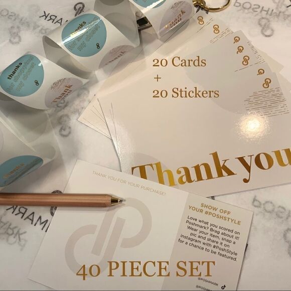 POSHMARK OFFICIAL THANK YOU CARDS & STICKERS BUNDLE SET 40 PC CREAM GOLD SHIP - Picture 1 of 3